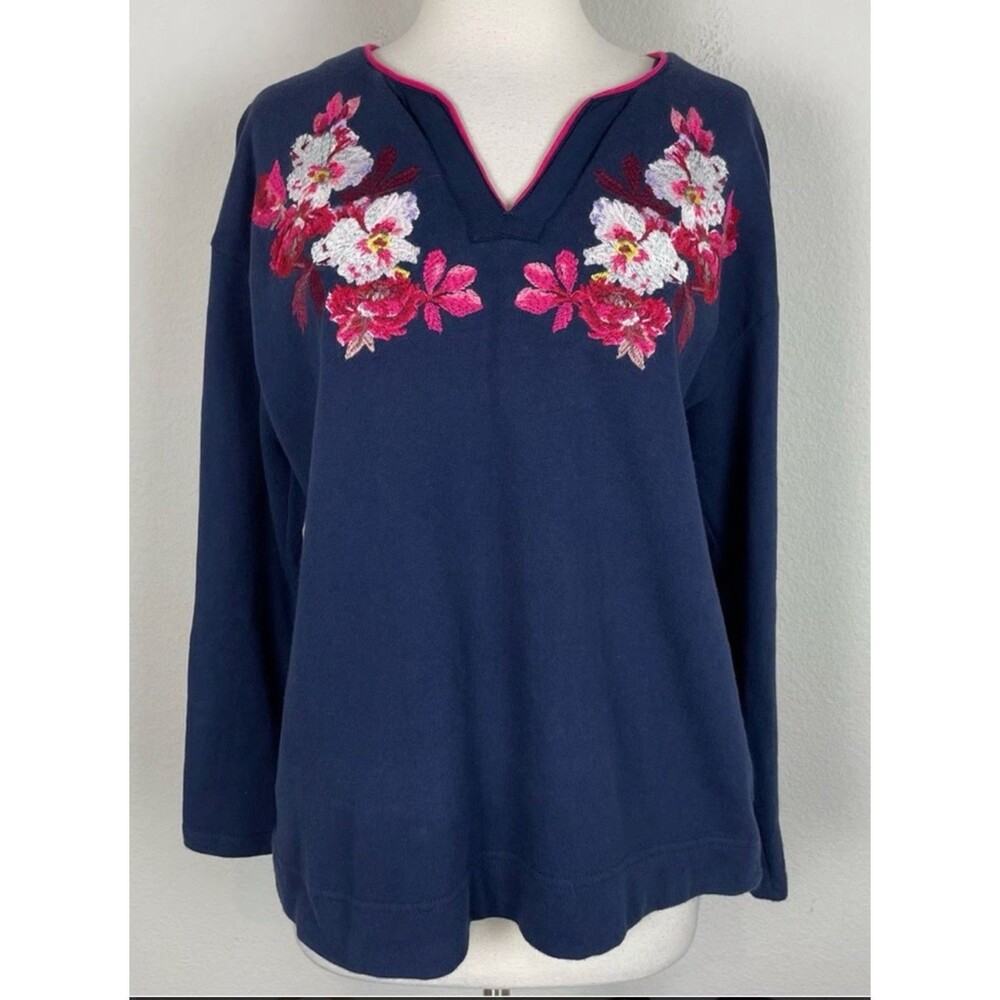 Joules Z Jordan Embroidered Sweater Top Navy Floral Terry Notch Neck size 10 L